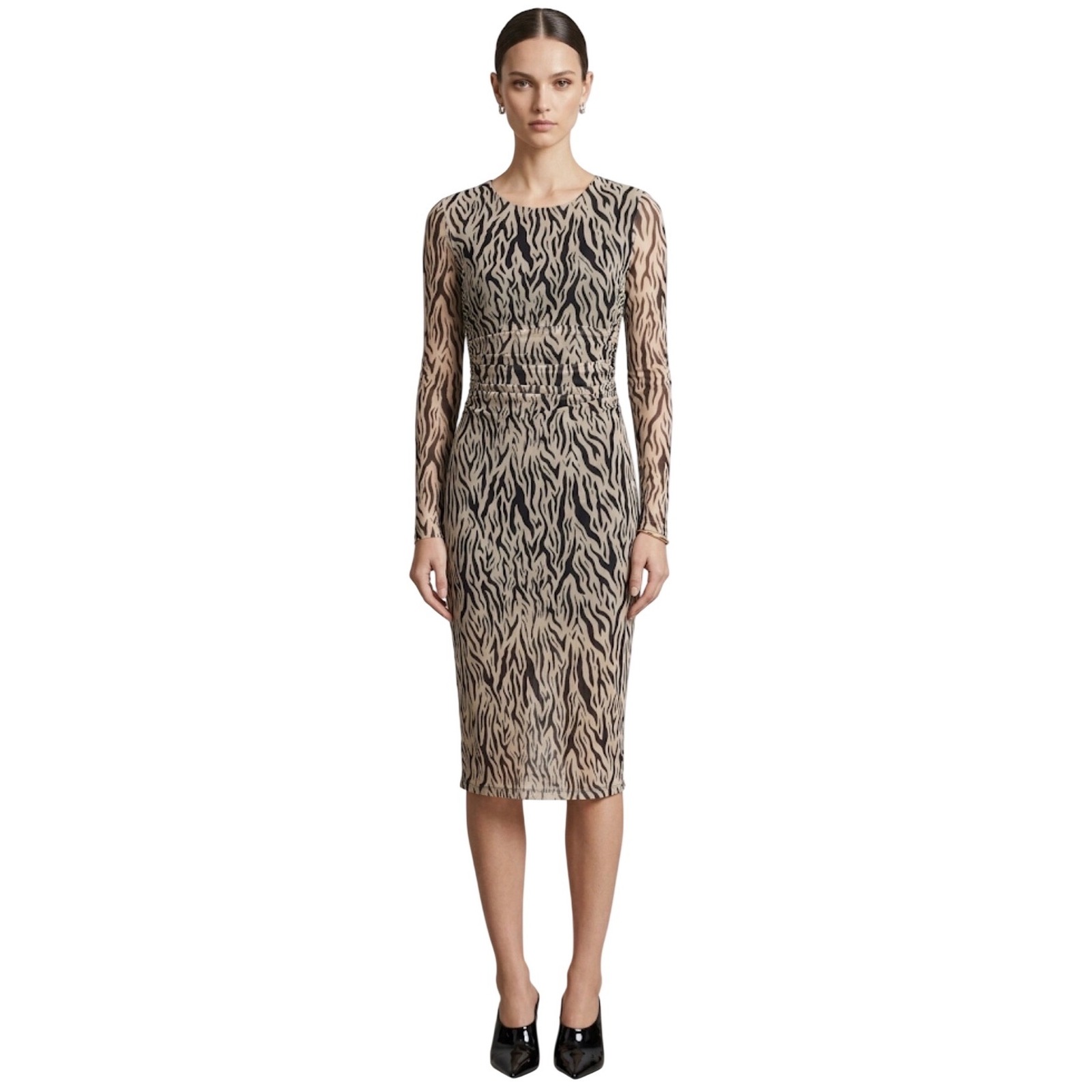 Karen Kane Zebra Print Ruched Mesh Midi Dress Long Sleeve Tan Black Size M New